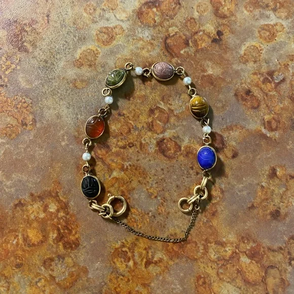 Vintage 12K Gold Filled Multi Stone Scarab Beetle Link Bracelet Artisan Handmade - Picture 2 of 5